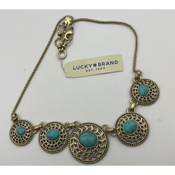 Lucky Brand Brass-Tone Weave Medallions Turquoise Stone Snake Chain Necklace - Picture 4 of 5